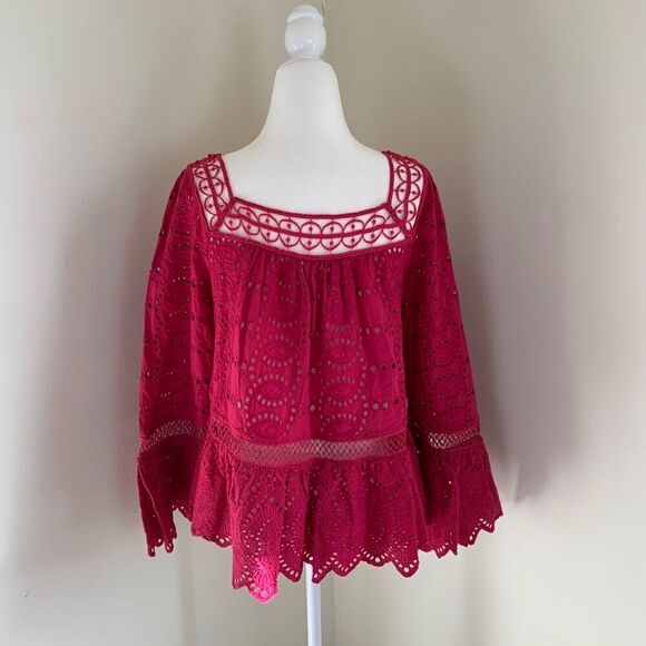 Anthropologie TRYB Eyelet Ruffle Blouse Size S Pink Embroidered Peasant Top - Picture 3 of 8